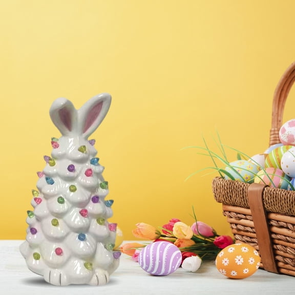 Lighted Easter Bunny Ceramic Tabletop Tree, 9.64 Inch Pre-Lit Rabbit Figurine with Colorful Lamp Beads and Bunny Ears, Bunny Tree Light Decoration for Home