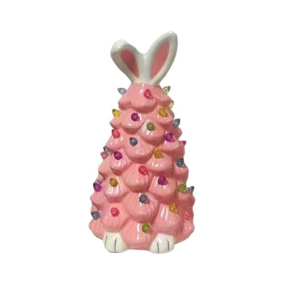 Lighted Easter Bunny Ceramic Tabletop Tree 5.9inch Pre-Lit Rabbit Figurines with Colorful Lamp Beads and Bunny Ear Top (Pink)