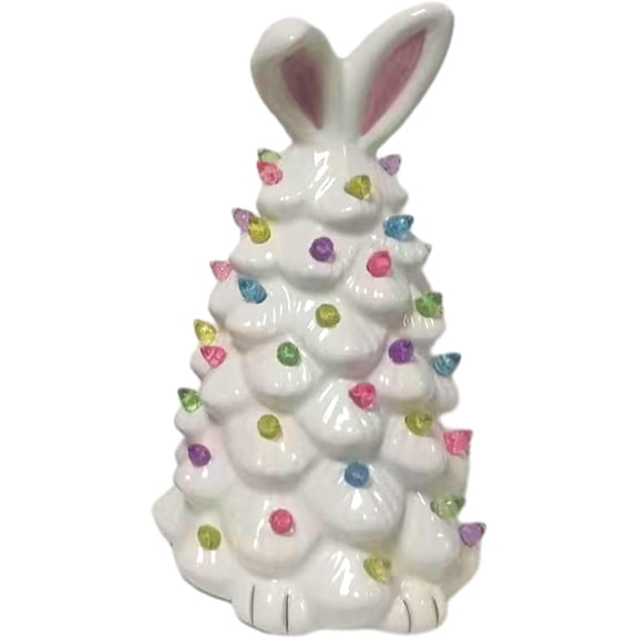 Lighted Easter Bunny Ceramic Tabletop Tree, 5.5inch Pre-Lit Rabbit Tree Figurines with Colorful Lamp Beads and Bunny Ear Top, Easter Ceramic Tree Decor Gifts