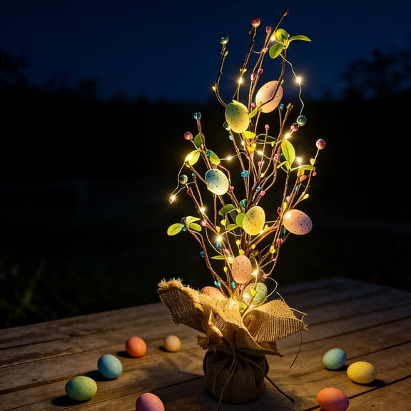 Lighted Easter Egg Topiary Tree in Pot with Warm LED Lights and Colorful Berries, Handcrafted Spring Potted Plant Decor for Tabletops Mantels and Shelves