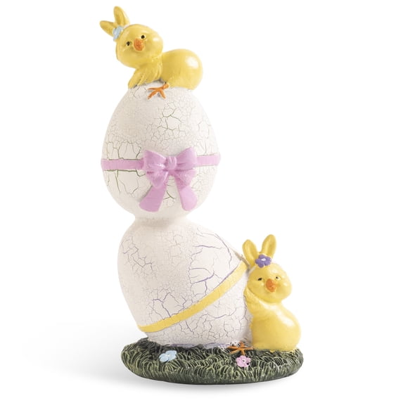 Lighted Easter Eggs Chicks Decor, 6.5" Light Up Purple Green Resin Decorative Egg Figurine, Indoor Table Mantel Shelf Desk Decorations for Home, Outdoor Spring Fairy Garden Decor Accessories