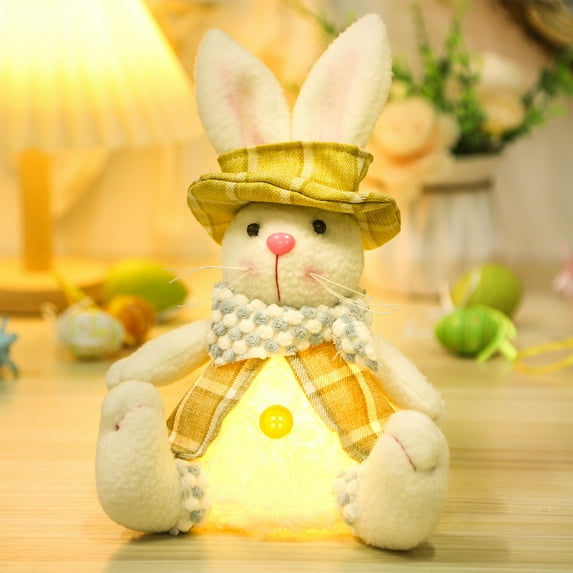 Lighted Easter Plush Bunny Decorations 9inch Sitting Rabbit Figurines Wearing Plaid Clothes Stuffed Bunnies Table Ornaments for Spring Tiered Tray Mantel Home Decor
