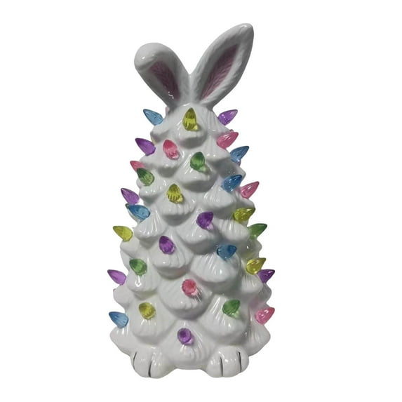 Lighted Easter Rabbits Tree, Ceramics Glowing Rabbits Tree Figurines Lighted Easter Rabbits Tabletop Tree with Colorful Lamp, Tabletop Rabbit Tree for Spring Easter Holiday Decor