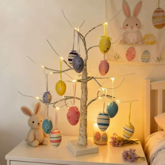 Lighted Easter Tree Decor, 23.62" White Birch Tabletop Tree with 12 Painted Easter Egg Ornaments, Spring Decoration for Home Party Classroom Bedroom (Battery Operated)