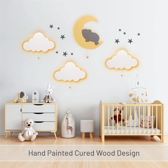 Lighted Elephant on Moon, Nursery Night Light, Wall Mounted Lighted, Battery Operated Cloud Light SignLightweight Moon Night Light for Babies, Toddlers, Kids