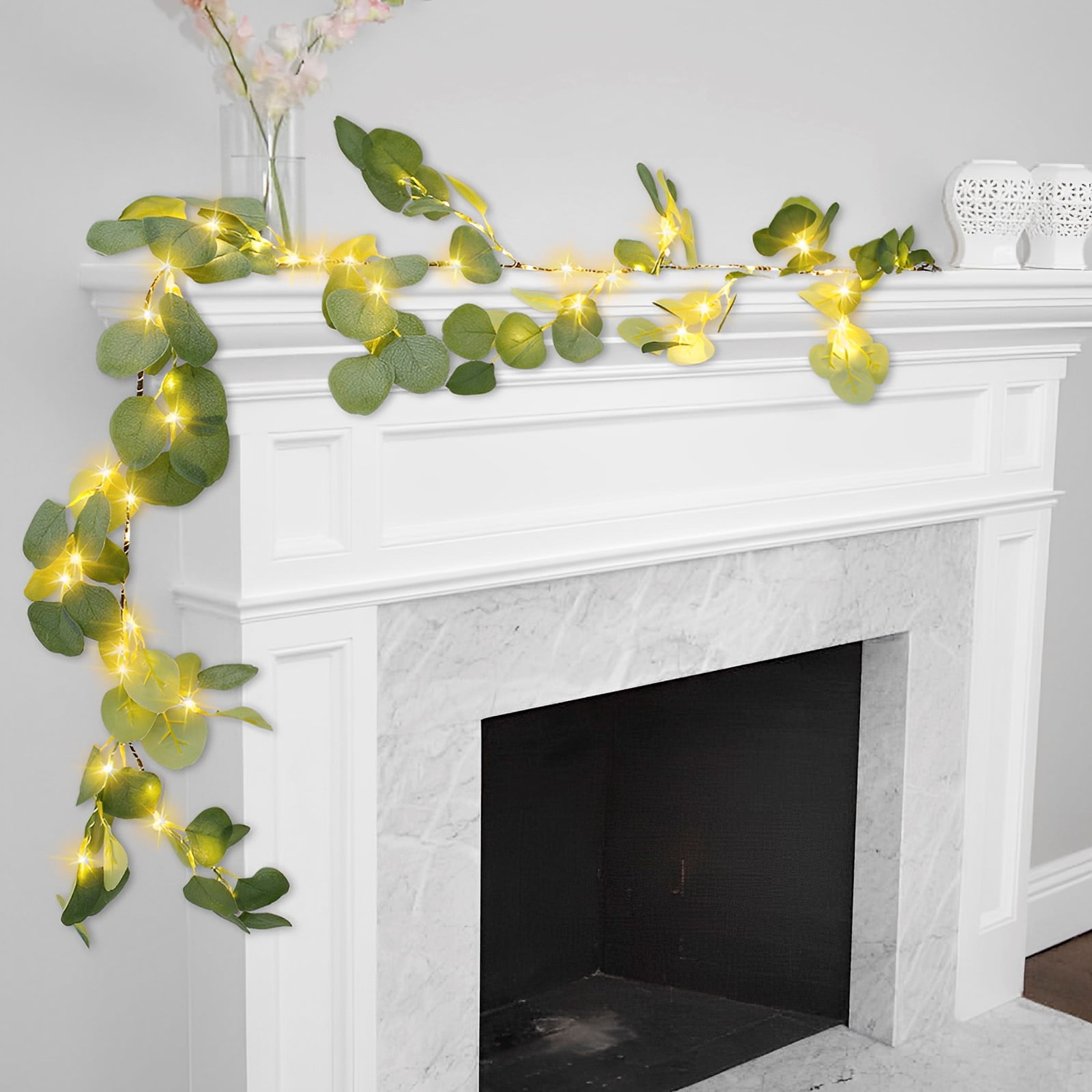 Lighted Eucalyptus Garland Battery Operated with Timer 100 Fairy Lights ...