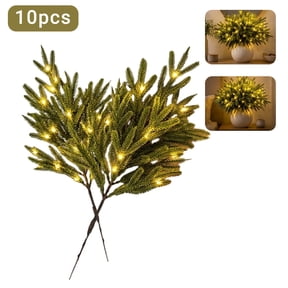 Lighted Evergreen Pine Branches, Warm White LED Artificial Pine Tree Stems for Christmas Decor, Vase, Mantel, Tabletop & Holiday Arrangements (10PCS)