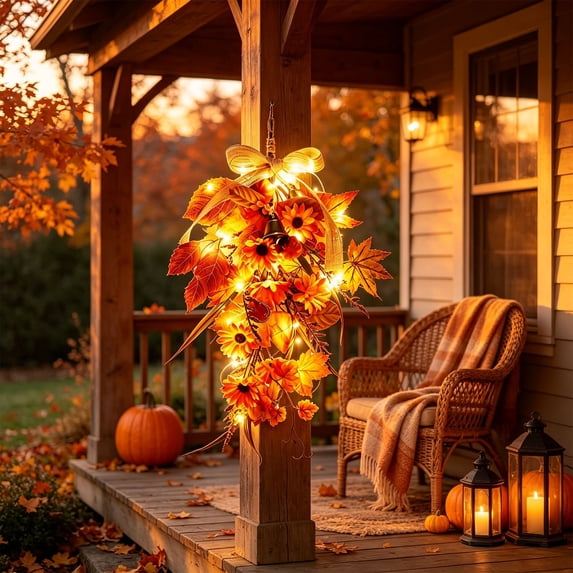 Lighted Fall Artificial Teardrop Swag 18.89In Autumn Front Door Hanging Decor with LED Lights Sunflowers Maple Leaves Pumpkins Harvest Porch Window Thanksgiving Decor