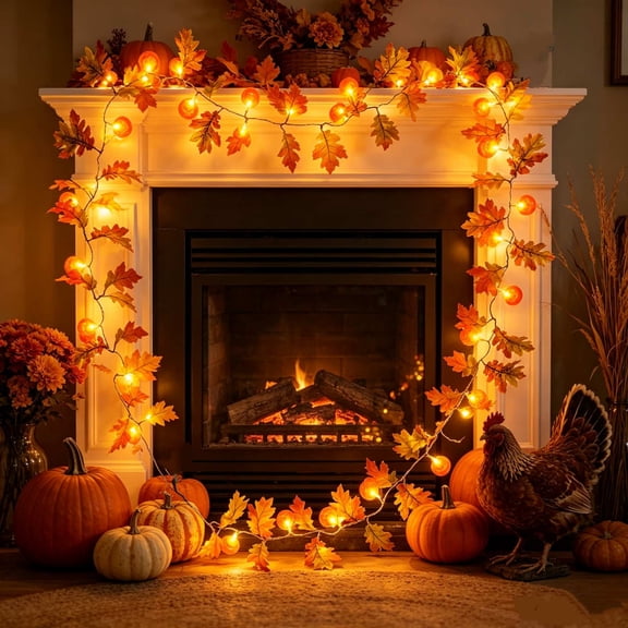 Lighted Fall Garland 118.11in, Orange Gradient Artificial Maple Leaf Pumpkin LED Garland Lights Battery Powered Autumn Halloween Thanksgiving Decor