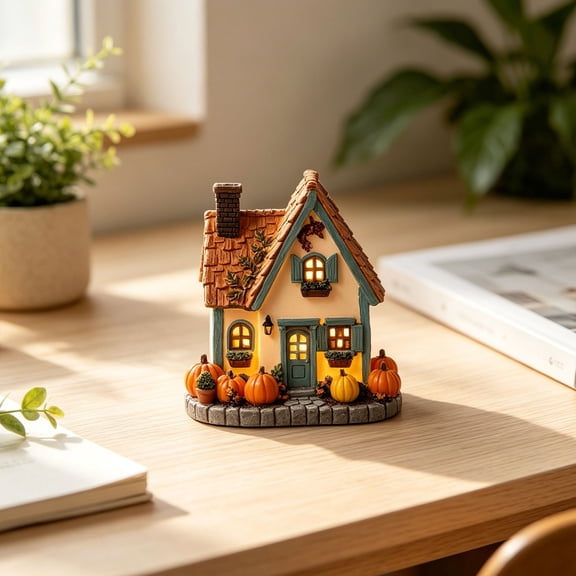 Lighted Fall House Figurine, Harvest Resin Cottage Statue, Thanksgiving Pumpkin Decor House Sculpture, Illuminated Autumn Tabletop Ornament, Fall Season Resin Craft, Farmhouse Style LightUp Figure