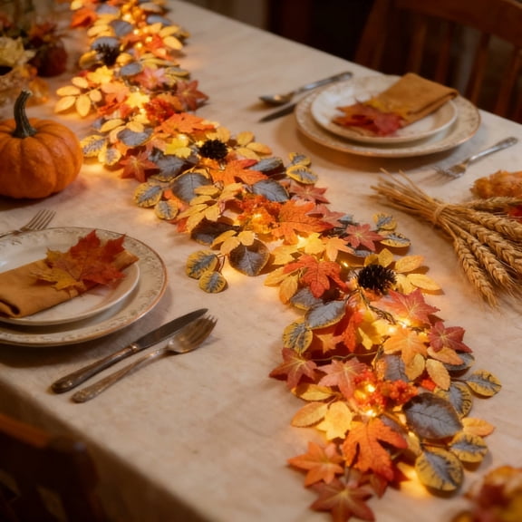 Lighted Fall Maple Leaf Garland, Battery Operated Warm LED Autumn Vine, Hanging Decor for Thanksgiving Halloween Mantel Stair Indoor Outdoor Harvest Party Home Decorations
