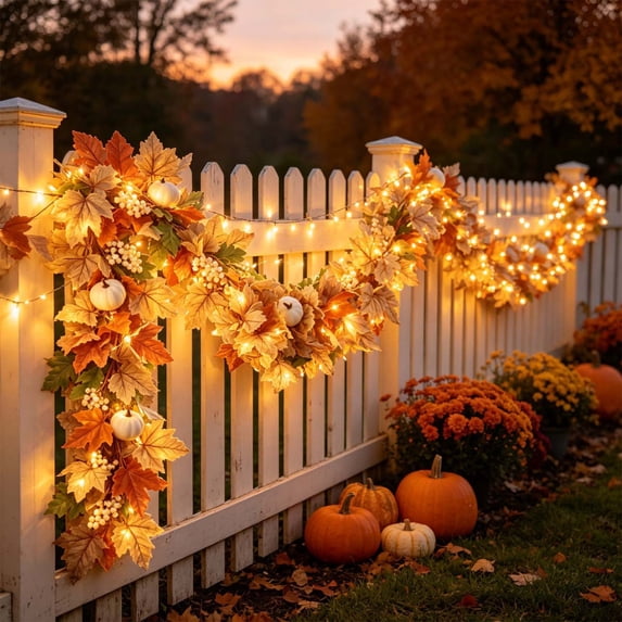Lighted Fall Maple Leaf Garland with White Pumpkins and Berries, 66.93-Inch Flexible Thanksgiving Decor