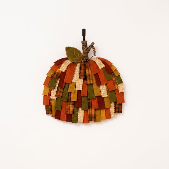 Lighted Fall Patchwork Pumpkin Door Hanger, 3D Fabric PumpkinLayered Fabric Pumpkin,Built-in Warm LED Glow, SimpleInstallation for all Seasonal Home Spaces Decoration