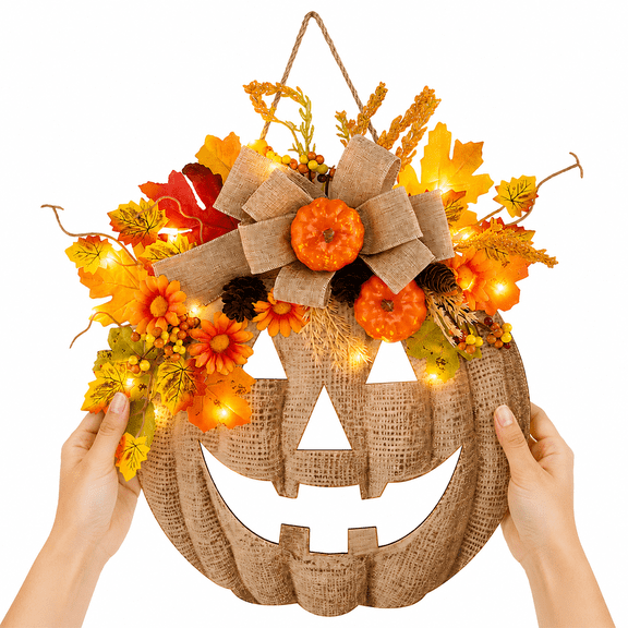 Lighted Fall Pumpkin Wreath Burlap Design Maple Leaves Floral Accents Battery Operated Remote Control Farmhouse Harvest Decor Rustic Autumn Style For Front Door Porch Fireplace Window