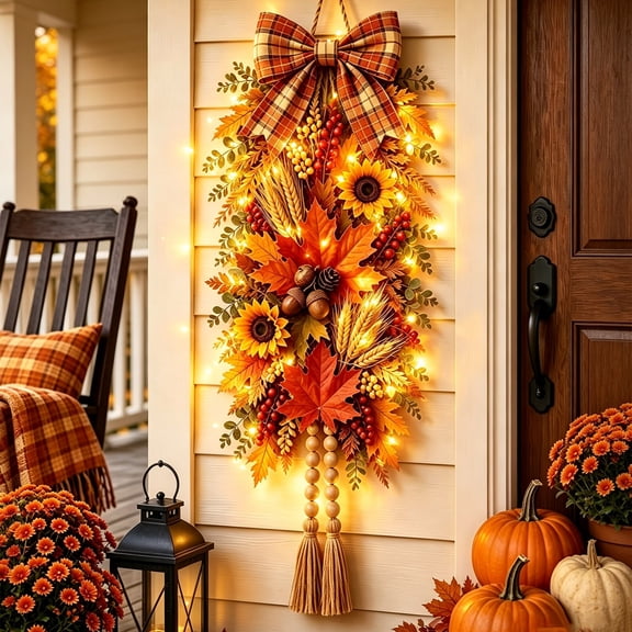 Lighted Fall Sunflower Door Swag with Artificial Autumn Leaves, Vertical Harvest Floral Hanging, Thanksgiving Front Door Decoration for Entryway, Wall and Indoor Seasonal Displays