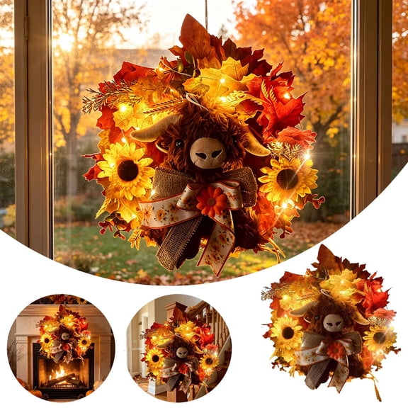 Lighted Fall Wreath, Fabric Construction, Maple Sunflower Autumn Door Wreath With Owl Character For Front Porch Wall, Harvest Lighting