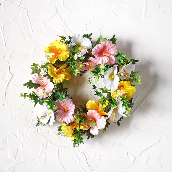 Lighted Faux Hibiscus Wreath - Battery-Powered Decorative Floral Accent for Home Interiors