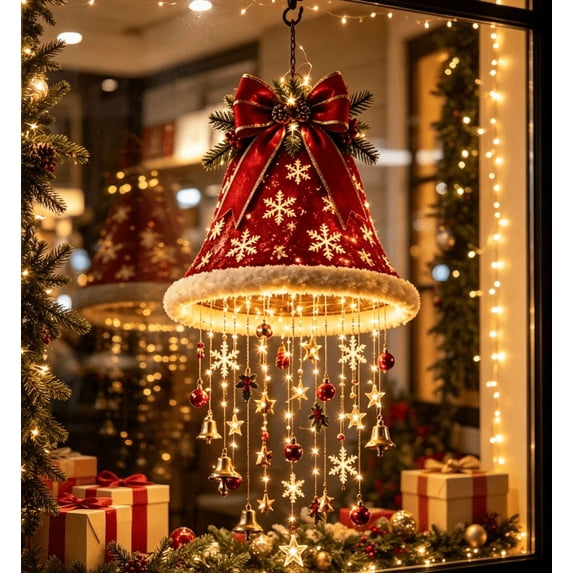 Lighted Festive Jingle Bell Santa Hat Hanging Chandelier, Warm LED Christmas String Light, Indoor Covered Outdoor Porch Holiday Decor for Xmas Party