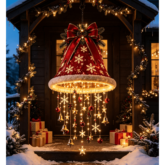 Lighted Festive Jingle Bell Santa Hat Hanging Chandelier, Warm Twinkling LED String Light, Christmas Home Accent Decor & Holiday Present for Family