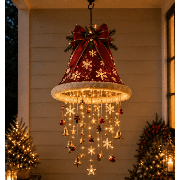 Lighted Festive Jingle Bell Santa Hat Hanging Chandelier, Whimsical Christmas LED Hanging Light, Festive Wall Porch Ornament for Holiday Gathering