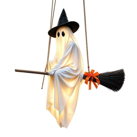 Lighted Flying Ghost on Broomstick Hanging Decoration, Floating White Ghost with Witch Hat and Rustic Broom, Halloween Ghost Decor with Warm Glow,Remote Control Light,55 Inch