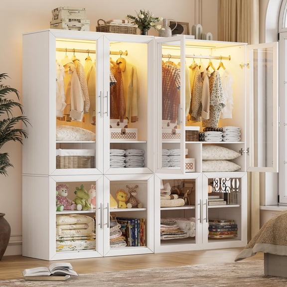 Lighted Freestanding Armoire Wardrobe with Glass Door and Hanging Rod