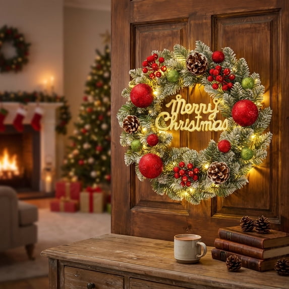 Lighted Frosted Christmas Wreath with Merry Christmas Sign Red Berries Pinecones Glitter Balls for Front Door Wall Holiday Decor