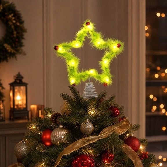 Lighted Fuzzy Christmas Tree Topper Star, Glowing Festive Tree Top Ornament with Bead Accents for Christmas Tree Home Decor