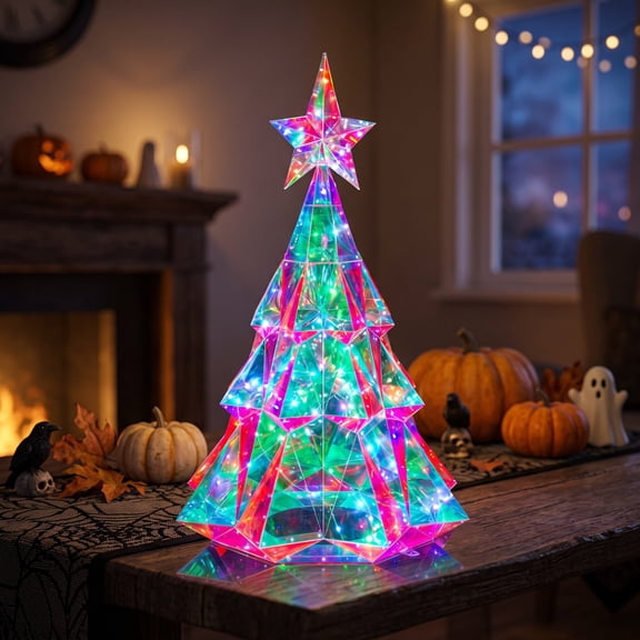 Lighted Geometric Christmas Tree Tabletop Decor Holographic Plastic LED Tree with Star Topper for Home Holiday Decor