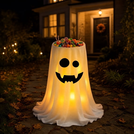 Lighted Ghost Candy Bowl, Large Floor Stand Holder, Remote Control Led Light Up, Halloween Sugar Bucket Decor,for Halloween Decorations,E