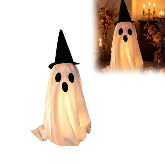 Lighted Ghost for Halloween Decor, Standing Fabric Ghost for Mantel Shelf Fireplace, DIY Glowing Ghost Decoration for Tabletop Entryway and Home Display, 19.69 Inch