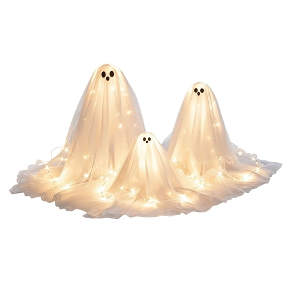 Lighted Ghost Halloween Decorations, 3-Pack LED Ghost Lamps with Wooden Base, Spooky White Glowing Tabletop Centerpiece, Versatile Lighted Ghost Set for Indoor Party Mantel Shelf Home Display