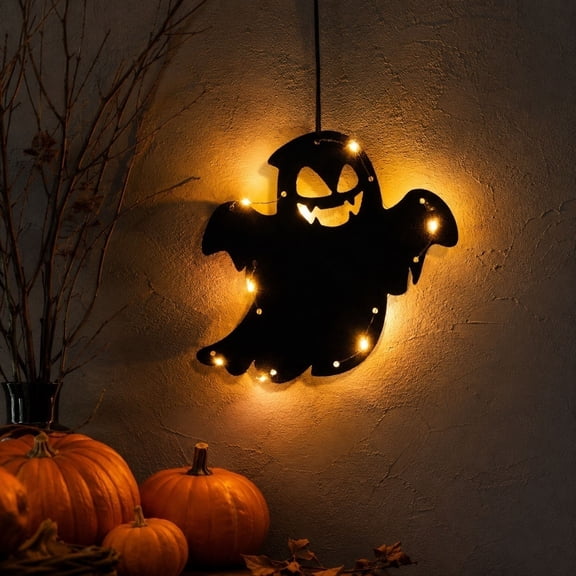 Lighted Ghost Silhouette Halloween Hanging Decor, Spooky Black Ghost Pendant with Warm White LED String Lights, for Entryway, Cabinet, Party Props, Home Decor, Easy Install, 7.1 * 7.1 Inch