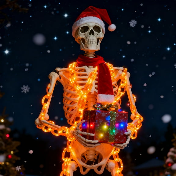 Lighted Up Giant Skeleton Christmas Outfit,12ft Skeleton Xmas Accessories Costume Including Giant Santa Hat,Scarf,10ft Chain Lights for Garden Lawn Indoor Outdoor Decor