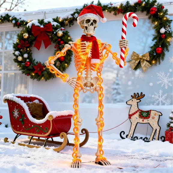 Lighted Up Giant Skeleton Christmas Outfit,12ft Skeleton Xmas Accessories Costume Including Giant Santa Hat,Scarf,10ft Chain Lights,Inflatable Candy Cane for Garden Lawn Indoor Outdoor Decor