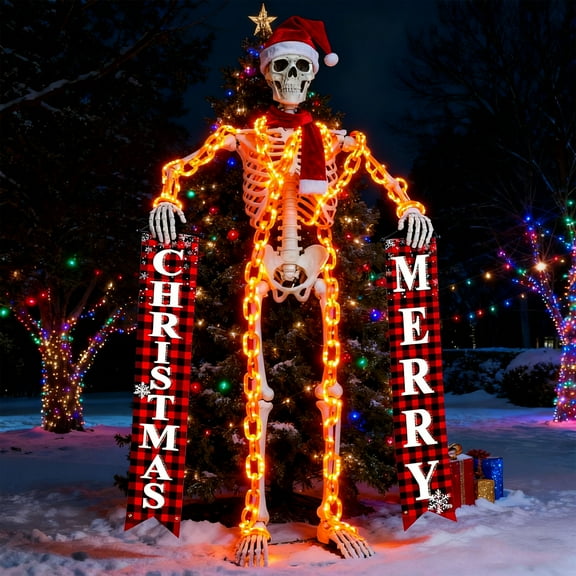 Lighted Up Giant Skeleton Christmas Outfit,12ft Skeleton Xmas Accessories Costume Including Giant Santa Hat,Scarf,10ft Chain Lights,Merry Christmas Banner for Garden Lawn Indoor Outdoor Decor