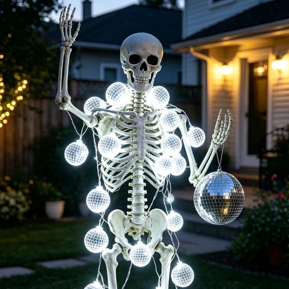 Lighted Up Giant Skeleton Disco DJ Club Outfit,Retro 12ft Skeleton 70s 80s Party Accessories Costume Including Solar 21Ft LED Disco Ball String Light,11.8" Disco Ball for Outdoor Garden Yard Decor