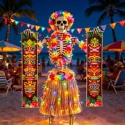 Lighted Up Giant Skeleton Hawaiian Hula Outfit,12ft Skeleton Summer Accessories Including Grass Skirt and Flower Garlands & Bracelet,23ft Lights String,Aloha Banner for Outdoor Garden Decor