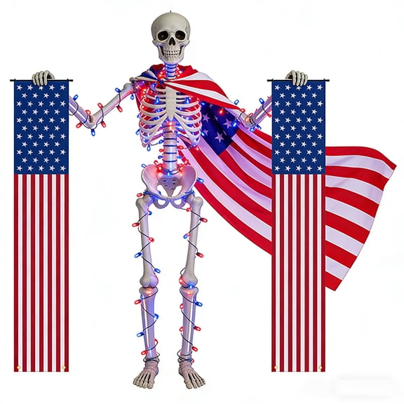 Lighted Up Giant Skeleton Independence Day Outfit,12ft Skeleton Patriotic 4th of July Accessories Costume Including US Flag Cape,16.4ft Lights,American Flag Banner for Garden Veterans Day Decor
