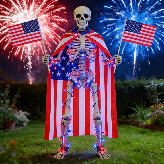 Lighted Up Giant Skeleton Independence Day Outfit,12ft Skeleton Patriotic 4th of July Accessories Costume Including US Flag Cape,23ft Lights,2x Handheld US Flags for Garden Veterans Day Decor