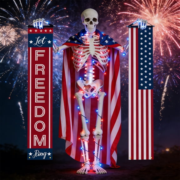 Lighted Up Giant Skeleton Independence Day Outfit,12ft Skeleton Patriotic 4th of July Accessories Costume Including US Flag Cape,23ft Lights,Let Freedom Ring Banner for Garden Veterans Day Decor