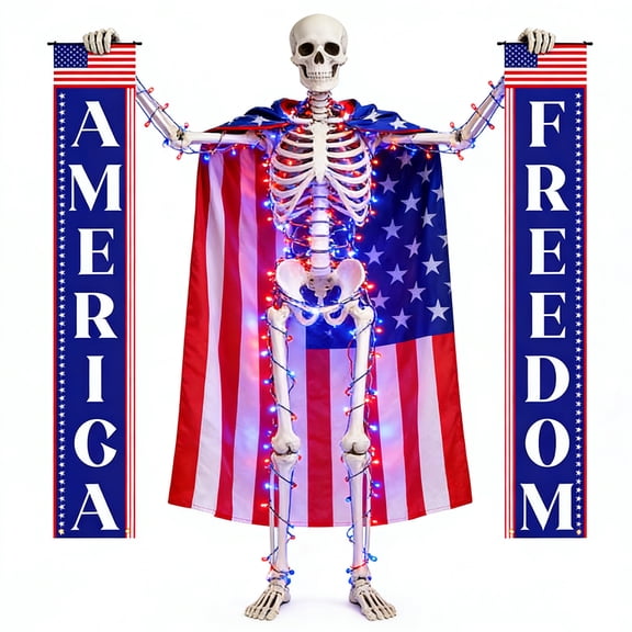 Lighted Up Giant Skeleton Independence Day Outfit,12ft Skeleton Patriotic 4th of July Accessories Including US Flag Cape,23ft Lights String,American Freedom Banner for Garden Veterans Day Decor