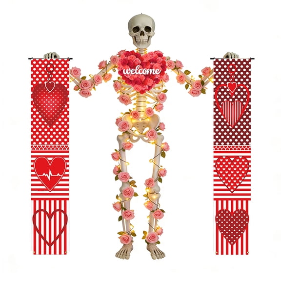 Lighted Up Giant Skeleton Valentine's Day Outfit,12ft Skeleton Wedding Accessories Including Heart Beating Banners,16.5ft Artificial Rose Lights String,Rose Sign for Garden Outdoor Decor