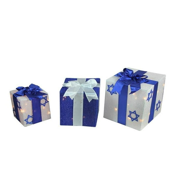Lighted Gift Box Hanukkah Outdoor Decoration, White & Blue - 3 Piece