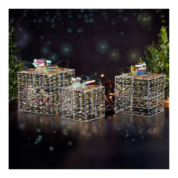 Lighted Gift Boxes Set of 3, Iridescent Holiday Presents with LED Lights, Nestable Christmas Decorations for Indoor Outdoor Decor, Warm White Lights & Stakes