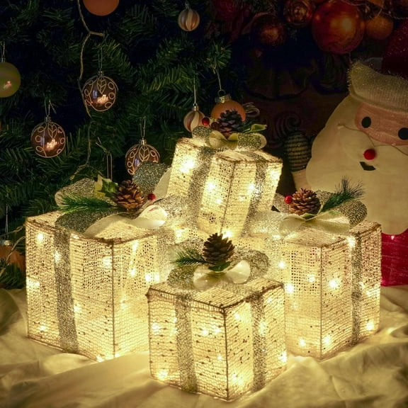Lighted Gift Boxes, Set of 3 Christmas Decorations, Light up Ornaments, Warm White LED with Bows for Indoor Party Holiday, Snow Decor