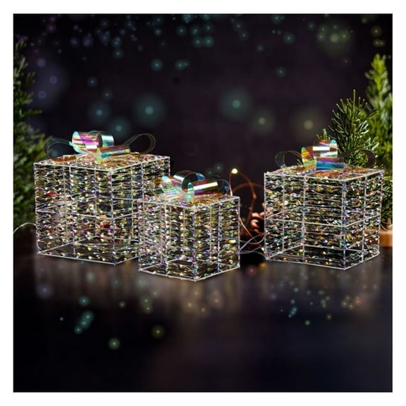 Lighted Gift Boxes Set of 3, Pre-lit Iridescent Christmas Decorations with LED Lights, Nestable Holiday Present Boxes for Indoor/Outdoor Decor
