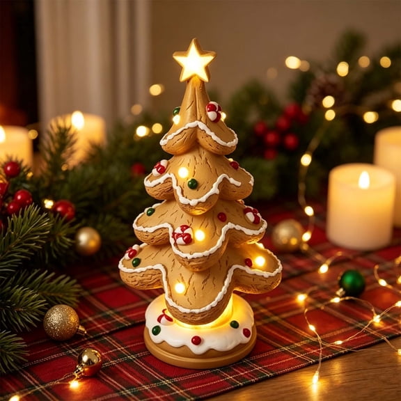 Lighted Gingerbread Christmas Tree Figurine, 11.4 Inch Resin Gingerbread Tree Holiday Decor With Warm Light, Sweeter Christmas Decoration For Home Indoor Tabletop Decoration