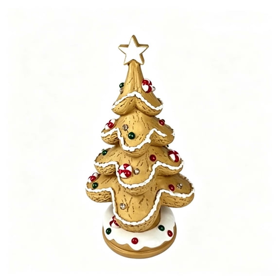 Lighted Gingerbread Christmas Tree Figurine 15.4 in Resin Tabletop Decor with Warm LED Lights