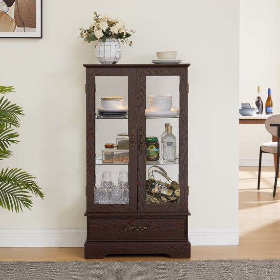 Lighted Glass Cabinet 2 Doors Curio Display Cabinet with Adjustable Glass Shelves and 1 Drawer Farmhouse Buffet Sideboard, Cherry